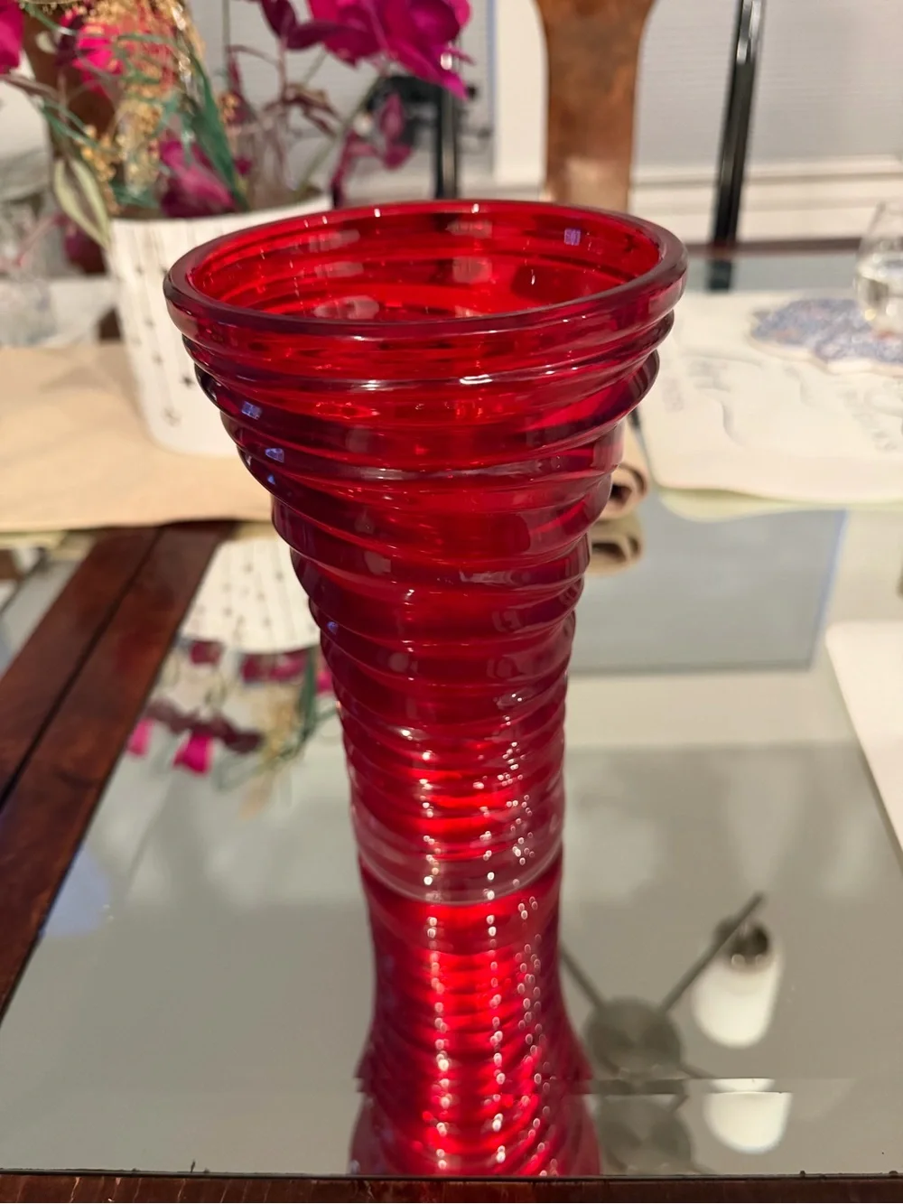 Vibrant Red Spiral Glass Vase - Decorative Home Accent